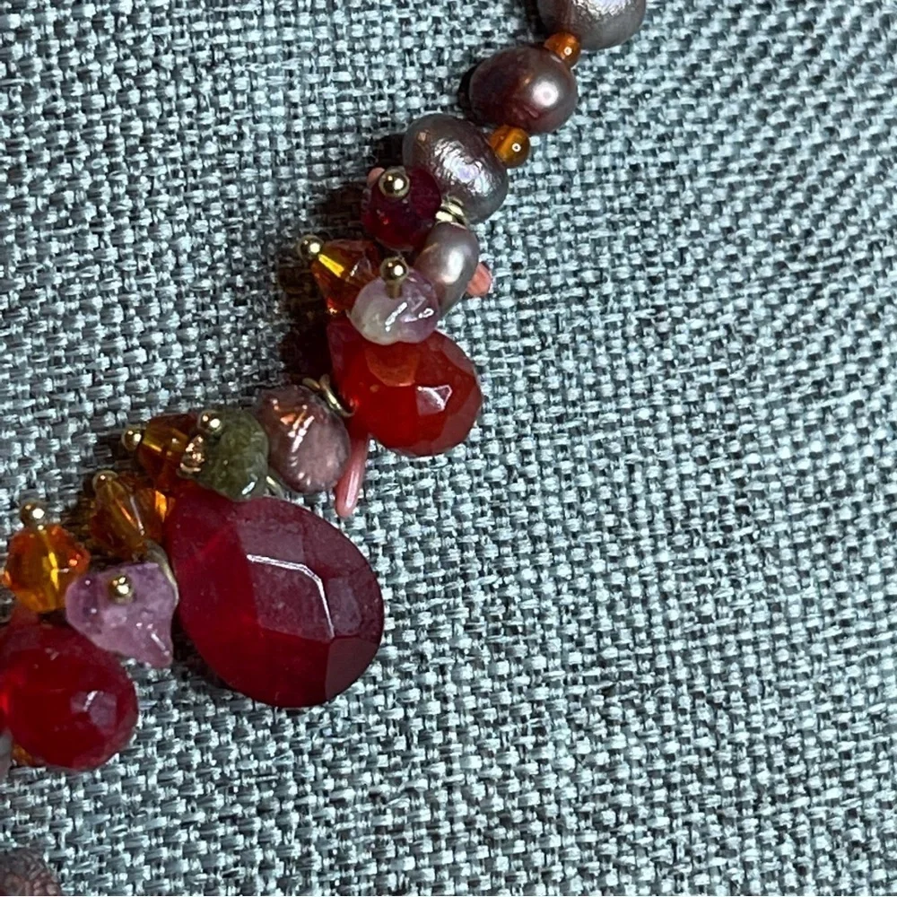 Handmade Red Agate, Coral, Freshwater Pearls, Amethyst &‎ Glass Beaded Necklace